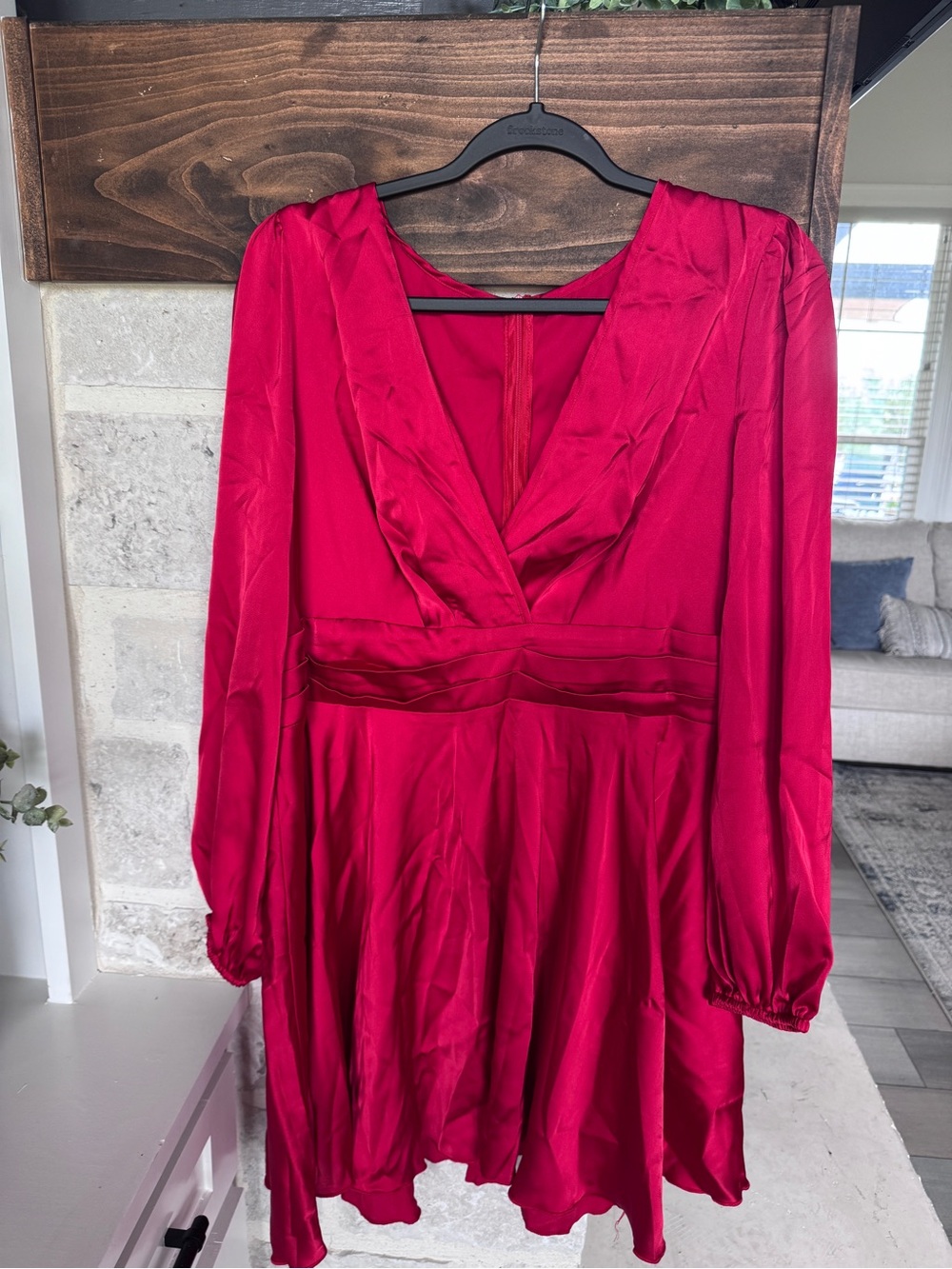 SHEIN Red Satin V-Neck Long Sleeve Dress